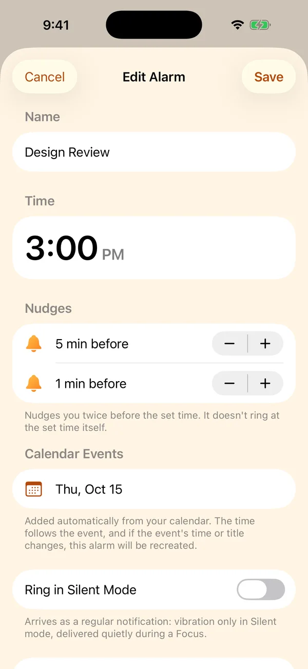 Alarm added from a calendar event