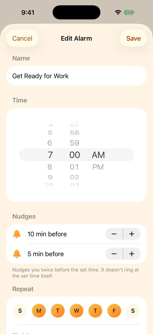 Edit alarm screen